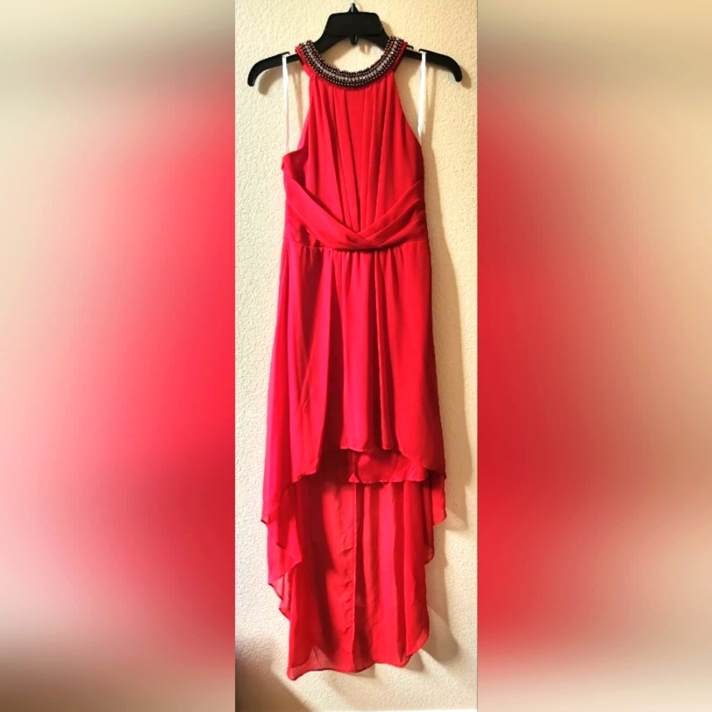 Red Cocktail Dress with beaded neckline high low hem sz 3/4